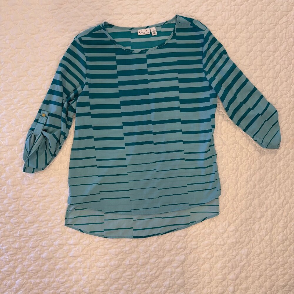 Kim Rogers Teal Striped Tunic‎ Top, Size Large, Roll Sleeve Pullover Shirt